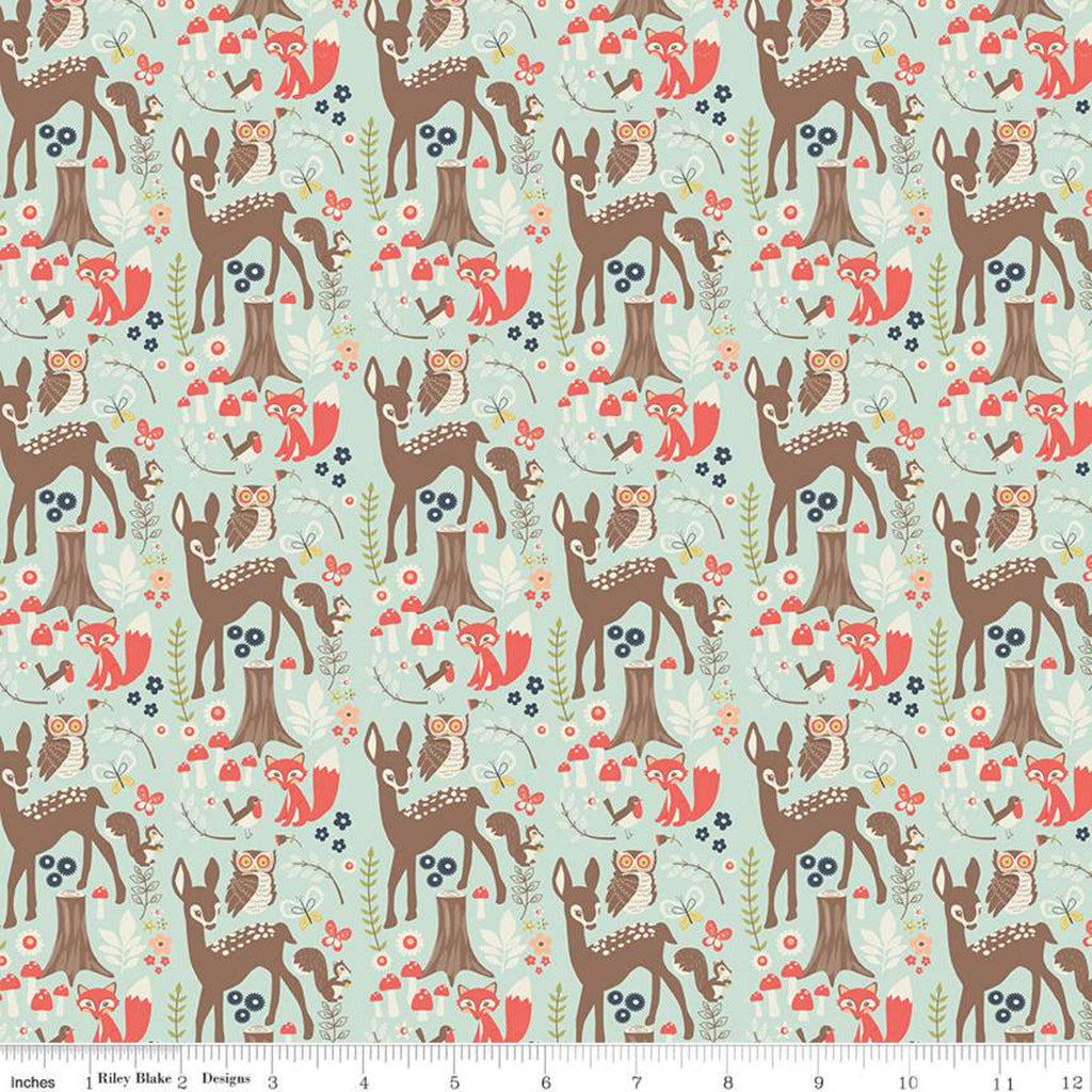 CLEARANCE Woodland Spring Main Aqua - Riley Blake Designs - Blue Outdoors Wildlife Deer Foxes Owls Birds  -  Quilting Cotton Fabric
