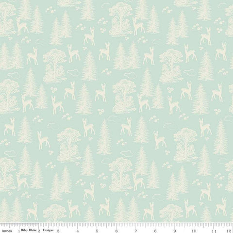 CLEARANCE Woodland Spring My Deer Aqua - Riley Blake Designs - Blue Cream Outdoors Forest Trees  -  Quilting Cotton Fabric