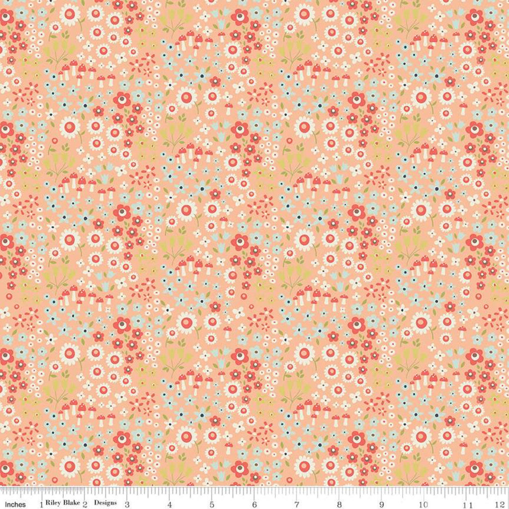 CLEARANCE Woodland Spring Wild Flowers Peach - Riley Blake Designs - Flowers Mushrooms Orange -  Quilting Cotton Fabric