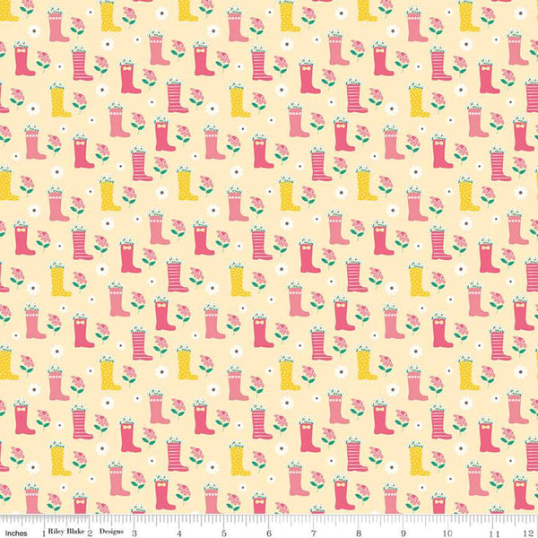 19" End of Bolt - Singing in the Rain Boots Yellow - Riley Blake Designs - Rainboots Flowers Floral - Quilting Cotton Fabric