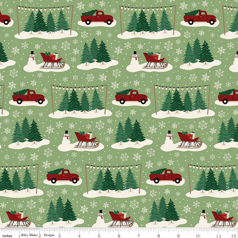 SALE Christmas Traditions Main Green - Riley Blake Designs - Trees Sleighs Snowmen Trucks Snowflakes  - Quilting Cotton Fabric