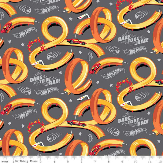 11" End of Bolt - Hot Wheels Tracks Gray - Riley Blake  - Die-Cast Toy Race Cars Logo Phrases -  Quilting Cotton Fabric - Lcensed Product