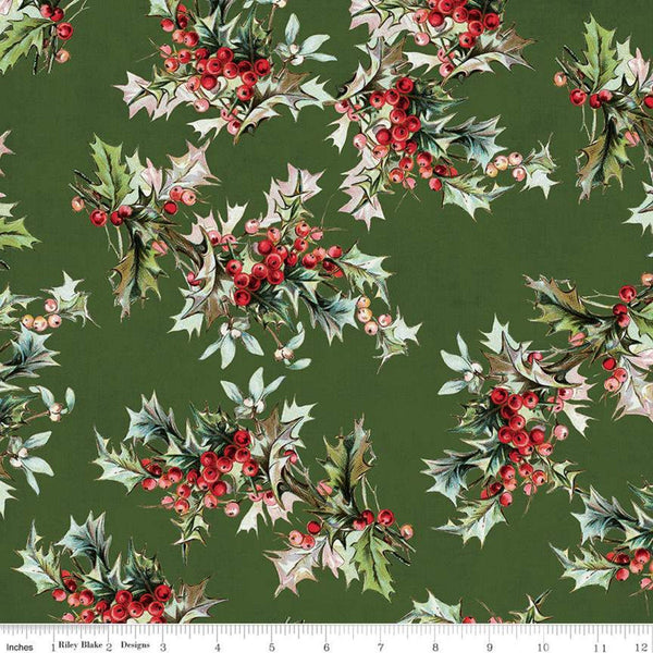 SALE Yuletide Main Green - Riley Blake Designs - Christmas Holly Berries Floral  - Quilting Cotton Fabric