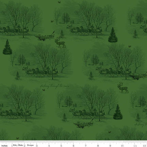 19" End of Bolt - SALE Yuletide Sleigh Toile Green - Riley Blake - Christmas Sleigh Ride Dashing through the Snow - Quilting Cotton Fabric