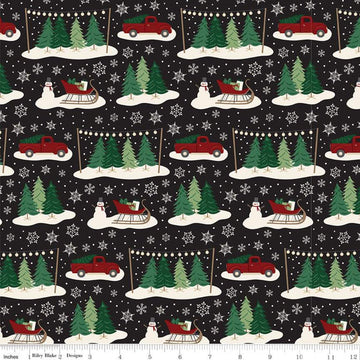 35" End of Bolt - Christmas Traditions Main Black - Riley Blake Designs - Trees Sleighs Snowmen Trucks Snowflakes  - Quilting Cotton Fabric