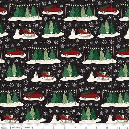 35" End of Bolt - Christmas Traditions Main Black - Riley Blake Designs - Trees Sleighs Snowmen Trucks Snowflakes  - Quilting Cotton Fabric