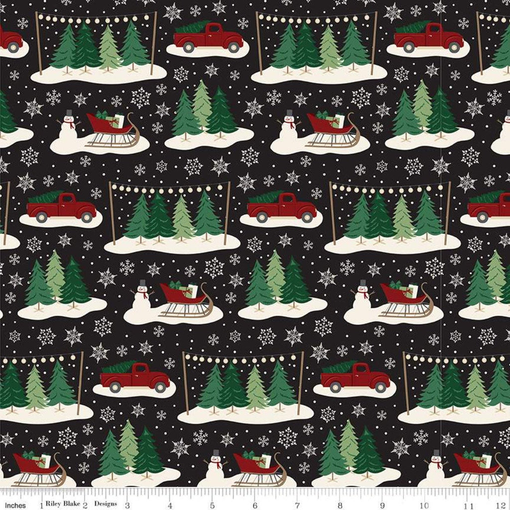 SALE Christmas Traditions Main Black - Riley Blake Designs - Trees Sleighs Snowmen Trucks Snowflakes  - Quilting Cotton Fabric