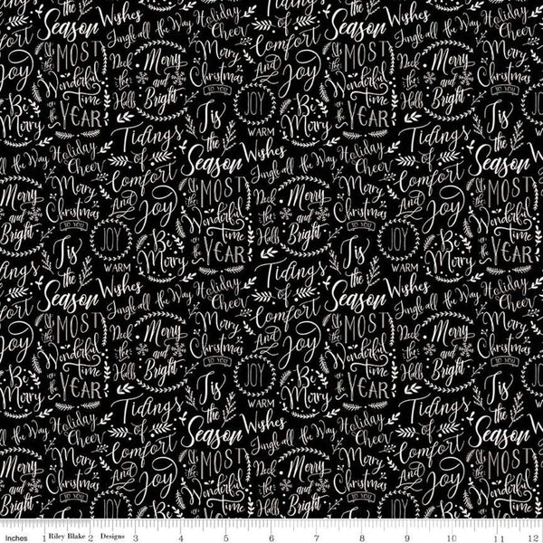 26" End of Bolt - SALE Christmas Traditions Words Black - Riley Blake - Cream Christmas Sayings on Black Sprigs - Quilting Cotton Fabric