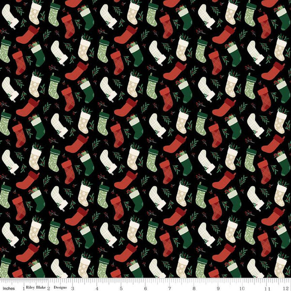 CLEARANCE Christmas Traditions Stockings Black - Riley Blake Designs - Christmas Stockings  - Quilting Cotton Fabric