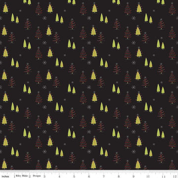 SALE Merry Little Christmas Trees C9641 Black - Riley Blake Designs - Tree Snowflakes - Quilting Cotton Fabric