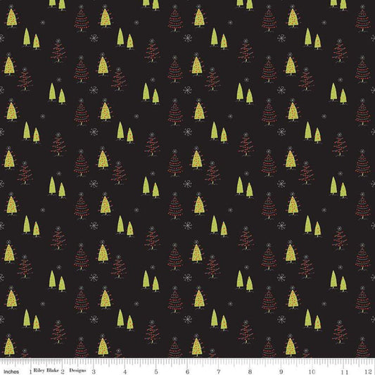 SALE Merry Little Christmas Trees C9641 Black - Riley Blake Designs - Tree Snowflakes - Quilting Cotton Fabric
