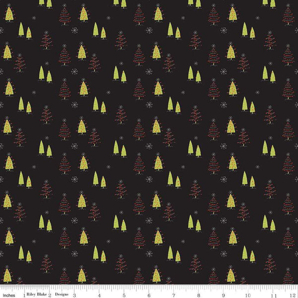 SALE Merry Little Christmas Trees C9641 Black - Riley Blake Designs - Tree Snowflakes - Quilting Cotton Fabric