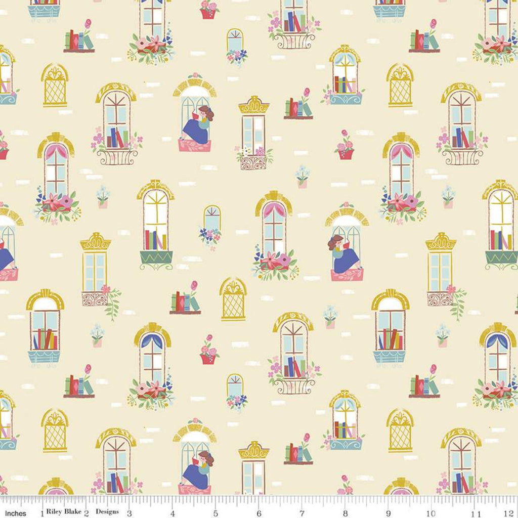 Beauty and the Beast Windows C9531 Cream - Riley Blake Designs - Belle Fairy Tale Books Reading - Quilting Cotton Fabric
