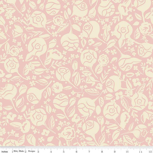 SALE Beauty and the Beast Floral C9532 Pink - Riley Blake Designs - Fairy Tale Cream Flowers Leaves - Quilting Cotton Fabric