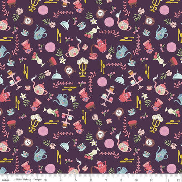 Beauty & the Beast Objects C9534 Eggplant - Riley Blake Designs - Fairy Tale Clocks Teapots Purple  - Quilting Cotton Fabric