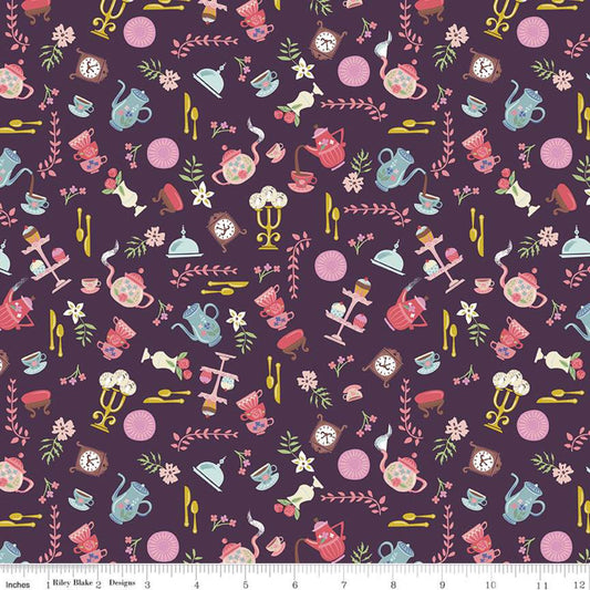 Beauty & the Beast Objects C9534 Eggplant - Riley Blake Designs - Fairy Tale Clocks Teapots Purple  - Quilting Cotton Fabric