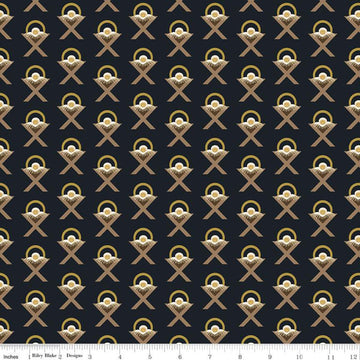 SALE Oh Holy Night Manger Navy SPARKLE - Riley Blake Designs - Christmas Nativity Mangers Blue with Gold SPARKLE - Quilting Cotton Fabric