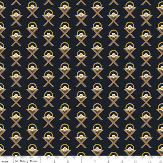 SALE Oh Holy Night Manger Navy SPARKLE - Riley Blake Designs - Christmas Nativity Mangers Blue with Gold SPARKLE - Quilting Cotton Fabric