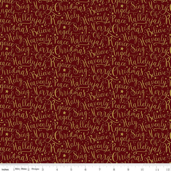 Oh Holy Night Words Mulberry SPARKLE- Riley Blake - Christmas Nativity Text Red Gold- Quilting Cotton Fabric-