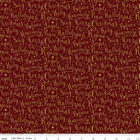 Oh Holy Night Words Mulberry SPARKLE- Riley Blake - Christmas Nativity Text Red Gold- Quilting Cotton Fabric-