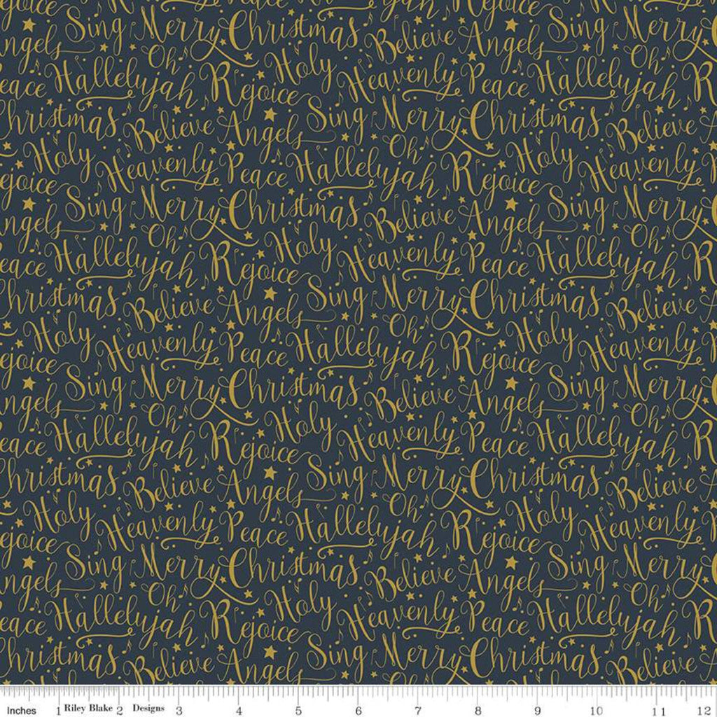 SALE Oh Holy Night Words Navy SPARKLE - Riley Blake Designs - Christmas Nativity Text Blue with Gold SPARKLE - Quilting Cotton Fabric
