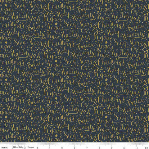 SALE Oh Holy Night Words Navy SPARKLE - Riley Blake Designs - Christmas Nativity Text Blue with Gold SPARKLE - Quilting Cotton Fabric