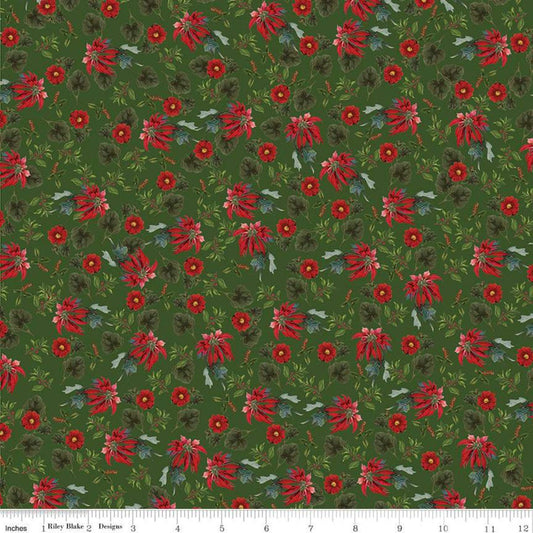 CLEARANCE Yuletide Poinsettias Green - Riley Blake Designs - Floral Flowers Leaves Holly Berries - Quilting Cotton Fabric