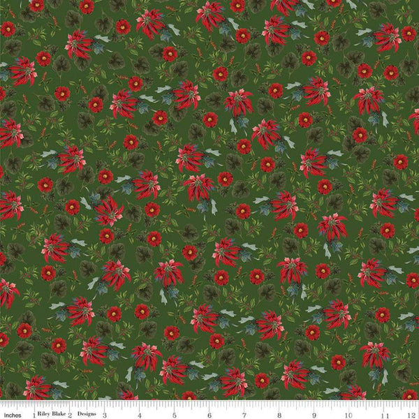 CLEARANCE Yuletide Poinsettias Green - Riley Blake Designs - Floral Flowers Leaves Holly Berries - Quilting Cotton Fabric