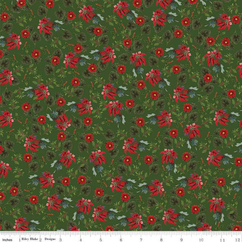 CLEARANCE Yuletide Poinsettias Green - Riley Blake Designs - Floral Flowers Leaves Holly Berries - Quilting Cotton Fabric