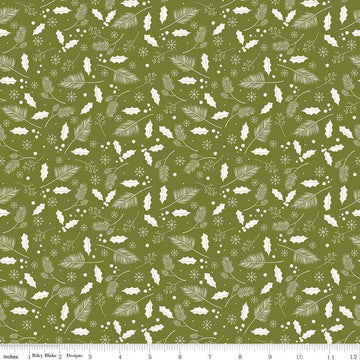 SALE Yuletide Leaves Olive - Riley Blake Designs - Christmas Cream Holly Leaves Snowflakes on Green - Quilting Cotton Fabric