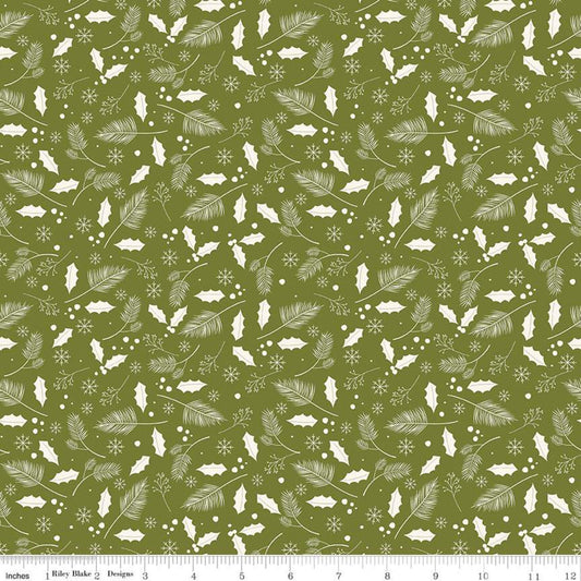 DEAL Yuletide Leaves Olive - Riley Blake Designs - Christmas Cream Holly Leaves Snowflakes on Green - Quilting Cotton Fabric