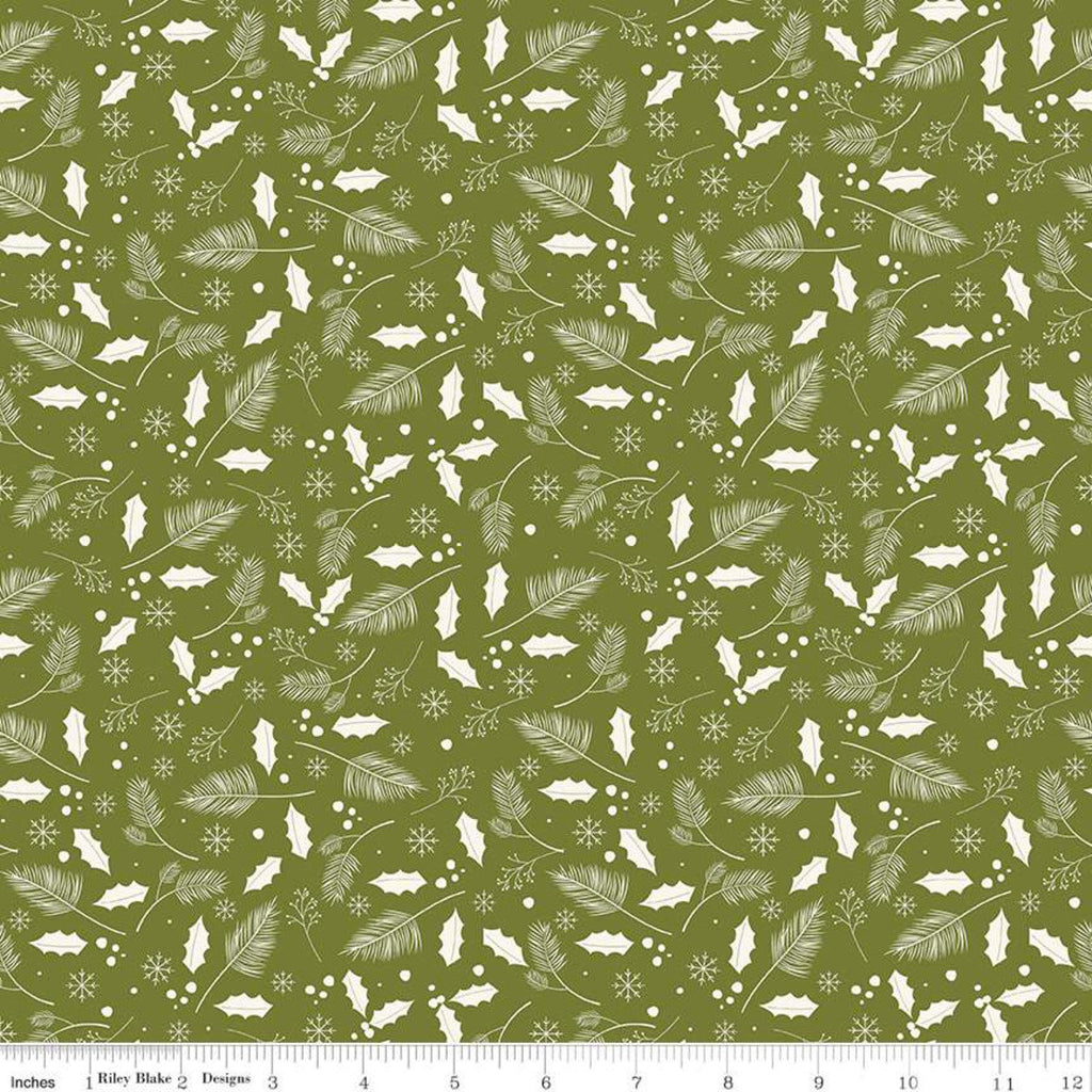 Yuletide Leaves Olive - Riley Blake Designs - Christmas Cream Holly Leaves Snowflakes on Green - Quilting Cotton Fabric