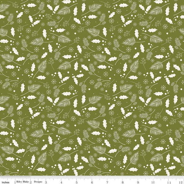 SALE Yuletide Leaves Olive - Riley Blake Designs - Christmas Cream Holly Leaves Snowflakes on Green - Quilting Cotton Fabric