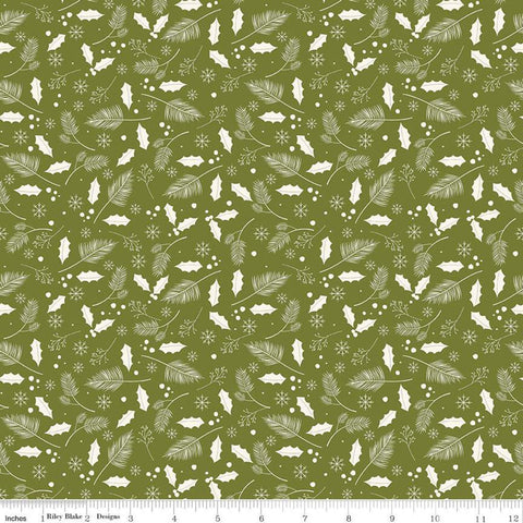 Yuletide Leaves Olive - Riley Blake Designs - Christmas Cream Holly Leaves Snowflakes on Green - Quilting Cotton Fabric