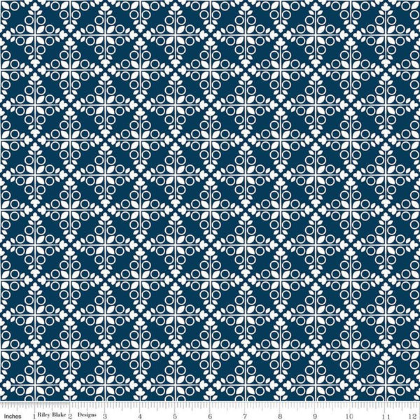 17" End of Bolt - CLEARANCE Garden Party Trellis C9562 Navy - Riley Blake -  Medallions Circles Leaves Blue Cream - Quilting Cotton Fabric