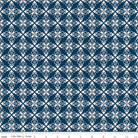 17" End of Bolt - CLEARANCE Garden Party Trellis C9562 Navy - Riley Blake -  Medallions Circles Leaves Blue Cream - Quilting Cotton Fabric