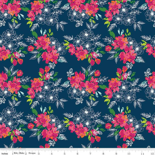 CLEARANCE Garden Party Flower Bed C9564 Navy - Riley Blake Designs - Floral Flowers Blue - Quilting Cotton Fabric