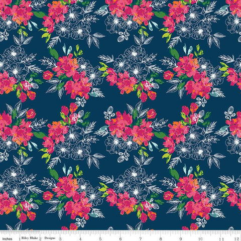 SALE Garden Party Flower Bed C9564 Navy - Riley Blake Designs - Floral Flowers Blue - Quilting Cotton Fabric