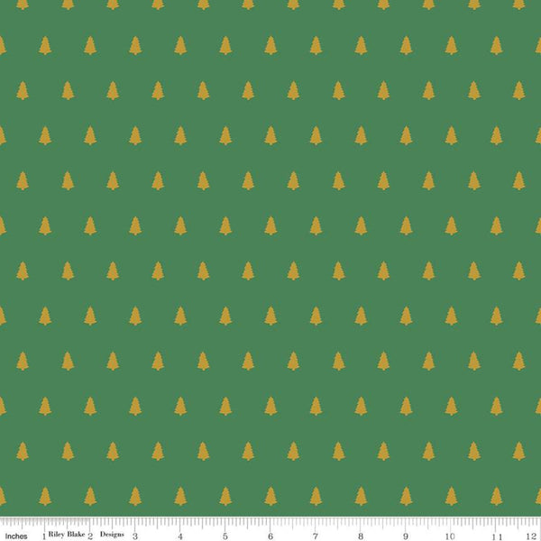 SALE Santa Claus Lane Trees SC9613 Green SPARKLE - Riley Blake Designs - Christmas Gold SPARKLE - Quilting Cotton Fabric