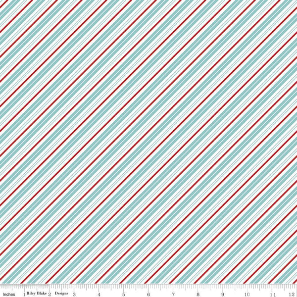 19" End of Bolt - SALE Santa Claus Lane Stripes C9616 Bear Lake - Riley Blake - Christmas Diagonal Blue Red White - Quilting Cotton Fabric