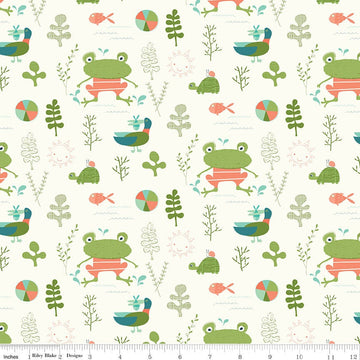 28" End of Bolt - SALE Ready Set Splash! Main C9890 Cream - Riley Blake Designs - Frogs Turtles Ducks Fish - Quilting Cotton Fabric