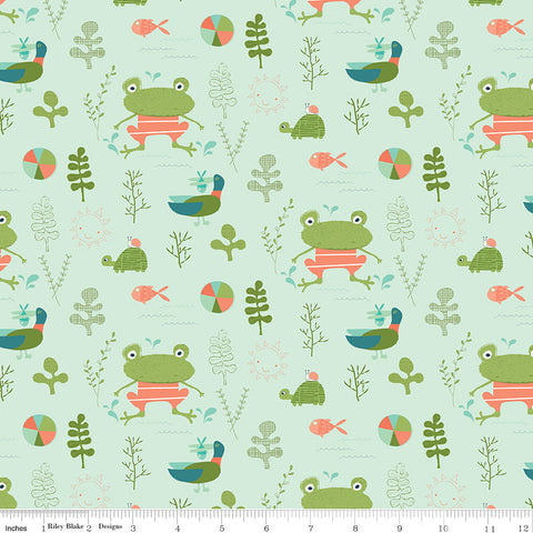 35" End of Bolt Piece - Ready Set Splash! Main C9890 Pistachio - Riley Blake - Frogs Turtles Fish Green - Quilting Cotton Fabric
