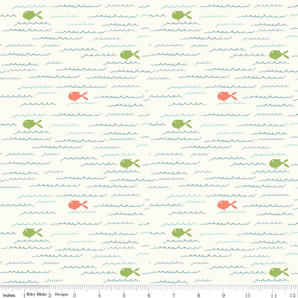 SALE Ready Set Splash! Fish C9891 Cream- Riley Blake Designs - Fish Waves - Quilting Cotton Fabric