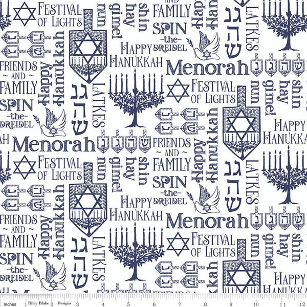 28" End of Bolt - SALE Festival of Lights Symbols C9651 White - Riley Blake - Hanukkah Menorah Star of David Words - Quilting Cotton Fabric