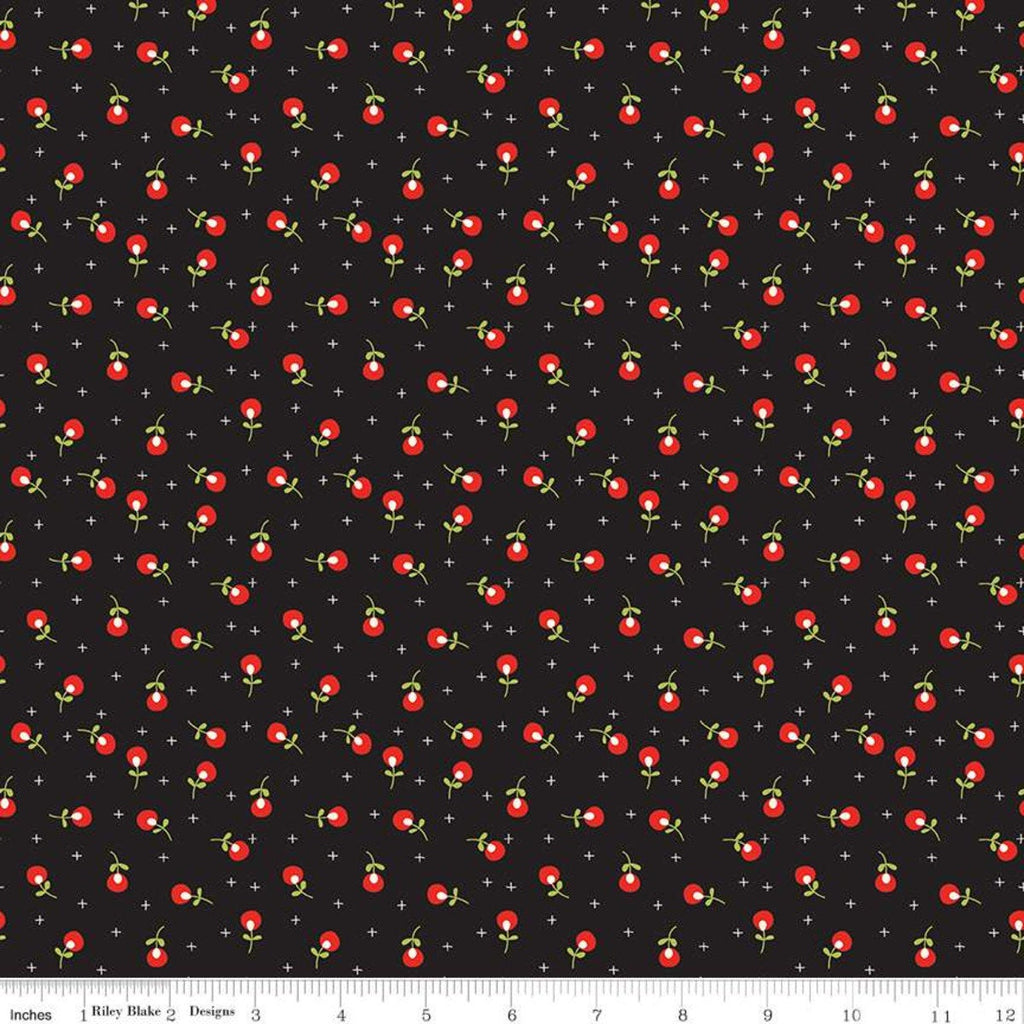 SALE Merry Little Christmas Berries C9645 Black - Riley Blake Designs - Floral Flowers Plus Signs - Quilting Cotton Fabric