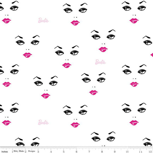 11" End of Bolt - Barbie Faces C9731 White - Official Licensed Product - Barbie Face Logo Dolls Toys Barbie Doll - Quilting Cotton Fabric