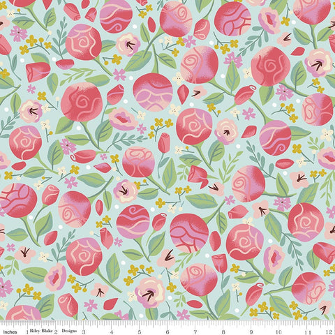 Beauty and the Beast Floral Light Blue - Riley Blake Designs - Fairy Tale Flowers Leaves - Quilting Cotton Fabric