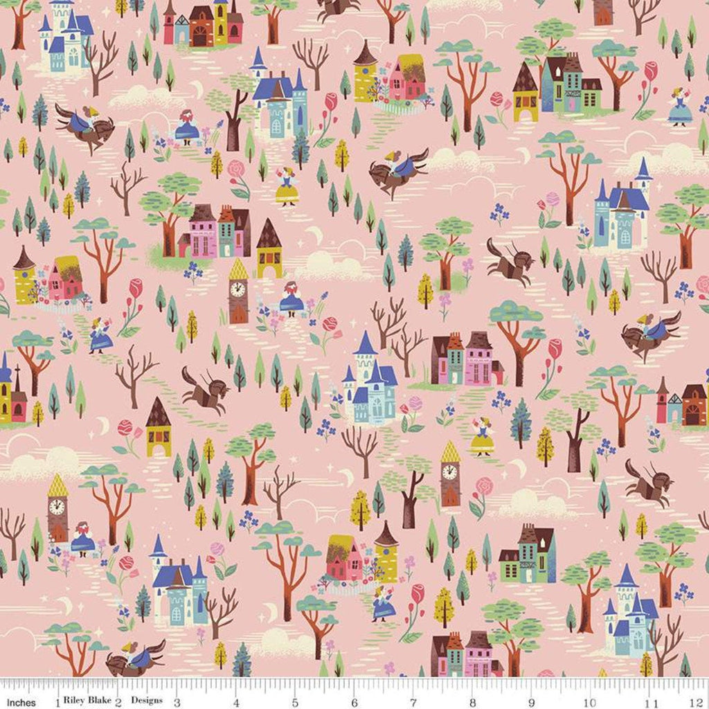 Beauty and the Beast French Countryside C9533 Pink - Riley Blake - Fairy Tale Castles Houses Trees Cream - Quilting Cotton Fabric