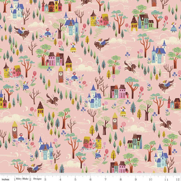SALE Beauty and the Beast French Countryside C9533 Pink - Riley Blake - Fairy Tale Castles Houses Trees Cream - Quilting Cotton Fabric
