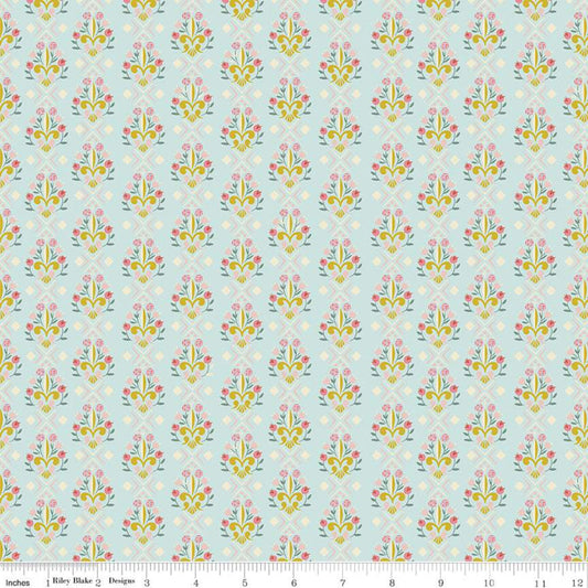 SALE Beauty and the Beast Fleur-de-lis C9535 Light Blue - Riley Blake Designs - Fairy Tale Flowers Pink Cream Gold - Quilting Cotton Fabric